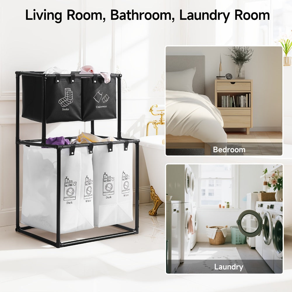 Laundry Sorter 2 Compartment Hamper – 2-Tier Metal Frame Laundry Hamper with Handles, Breathable Mesh Bags & Cable Ties