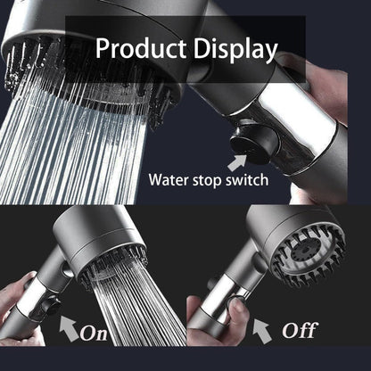 Handheld Shower Head with Rotating Spray Selector, On-Off Button, Hose, Five Cartridges and Two Bracket Options