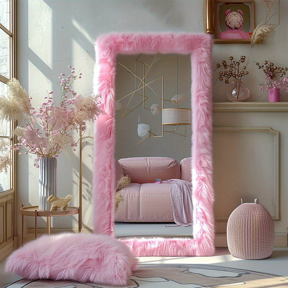 Full Length Mirror with Faux Fur Frame 24x63 Inch Leaning Floor Mirror for Bedroom Living for Entryways, Bedrooms and Living Spaces
