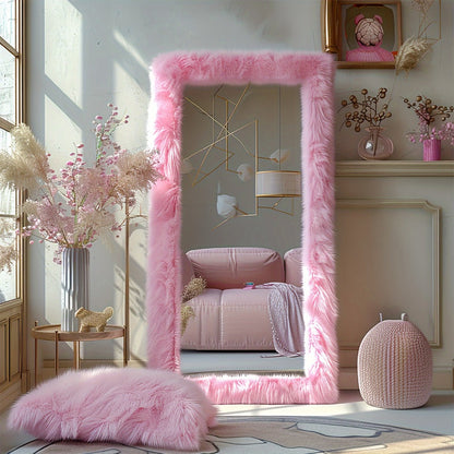 Full Length Mirror with Faux Fur Frame 24x63 Inch Leaning Floor Mirror for Bedroom Living for Entryways, Bedrooms and Living Spaces