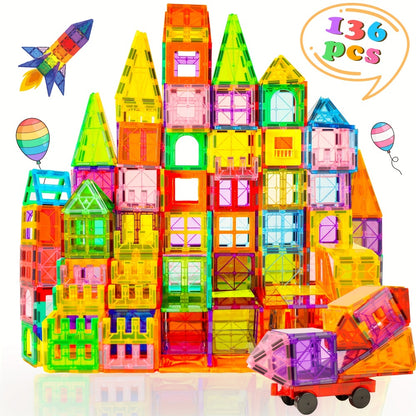 Magnetic Tiles Building Set for Kids 3 4 5 6 7 8 – 80 106 136 205pcs Clear 3D Magnet Building Blocks STEM Educational Toy Child-Safe ABS