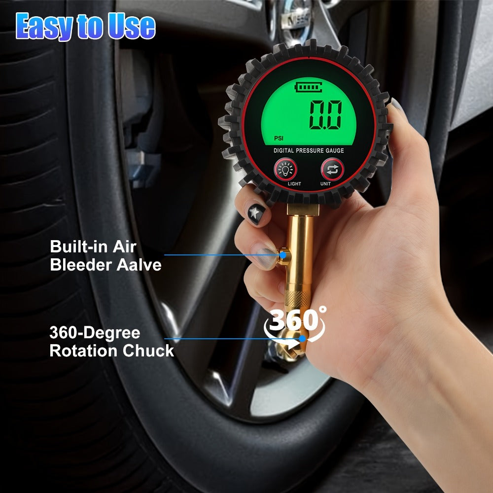 Digital Tire Pressure Gauge LCD 3-255 PSI – 4-Unit Display (PSI/Bar/KPa/kg㎡), Green Backlight, 360° Chuck, Auto Shut-Off for Cars, Trucks