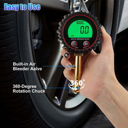 Digital Tire Pressure Gauge LCD 3-255 PSI – 4-Unit Display (PSI/Bar/KPa/kg㎡), Green Backlight, 360° Chuck, Auto Shut-Off for Cars, Trucks