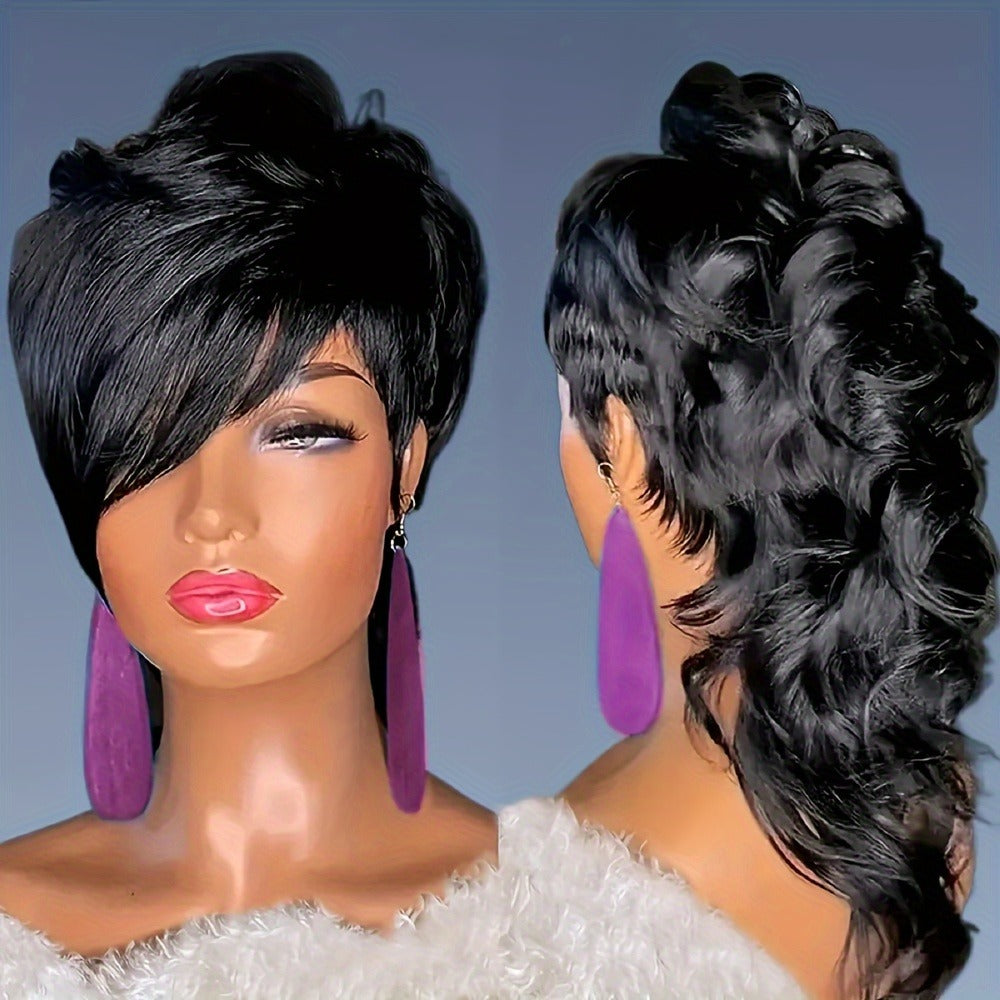 Synthetic Wig 14-Inch Curly-Wave Pixie Mullet with Bangs, 150% Density and Rose Net Cap in Three Colors
