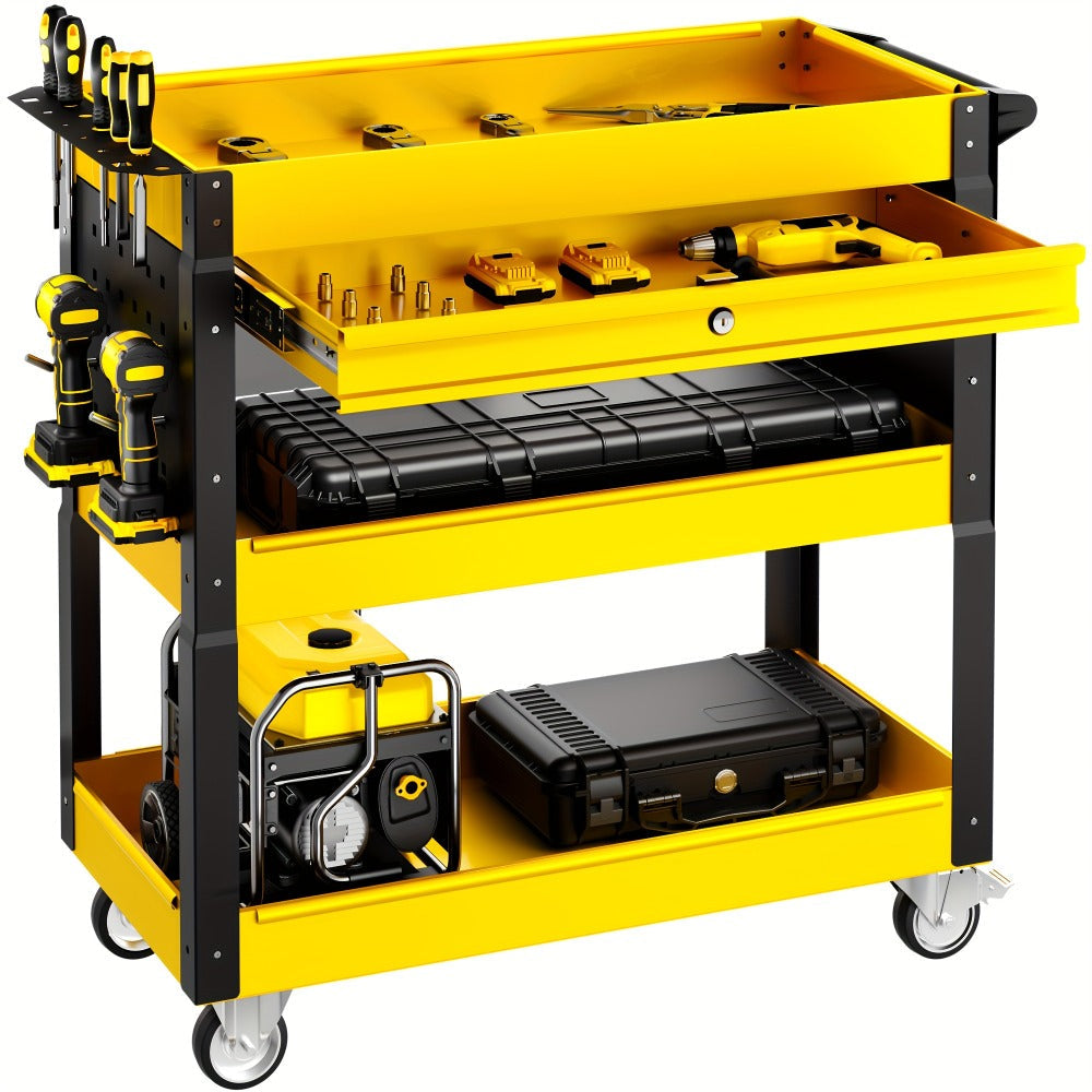 Rolling Tool Cart 3-Tier Pegboard Organizer Locking Drawer 4 Swivel Casters for Garage Workshop Mechanics Black Yellow