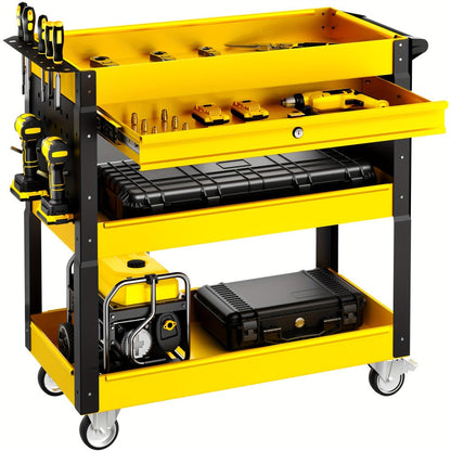 Rolling Tool Cart 3-Tier Pegboard Organizer Locking Drawer 4 Swivel Casters for Garage Workshop Mechanics Black Yellow