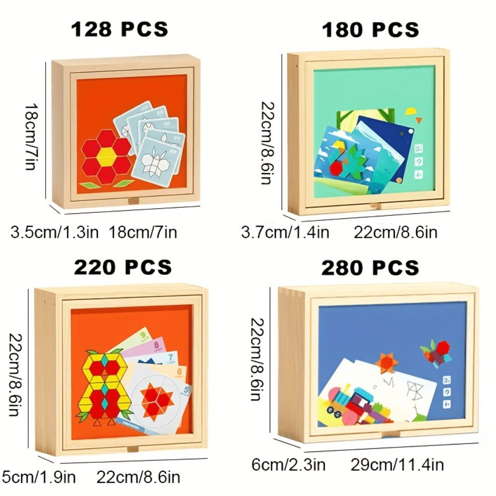 Magnetic Wooden Puzzle Board for Kids, 128/180/220/280 PCS Geometric Shape Recognition & Logical Thinking Toy
