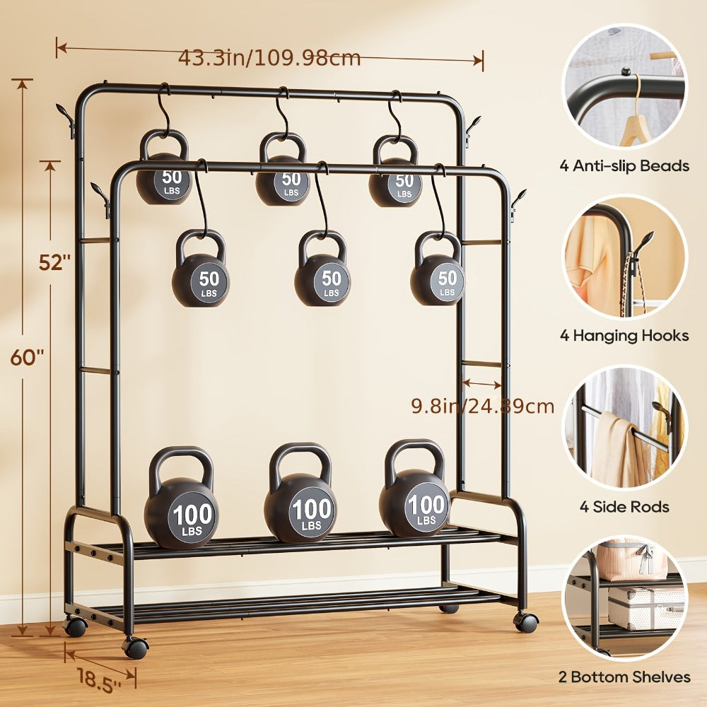 Double Rod Clothes Rack with Wheels Metal Garment Rack with Shelves and Hooks Portable Closet Organizer for Bedroom Living Room Gold