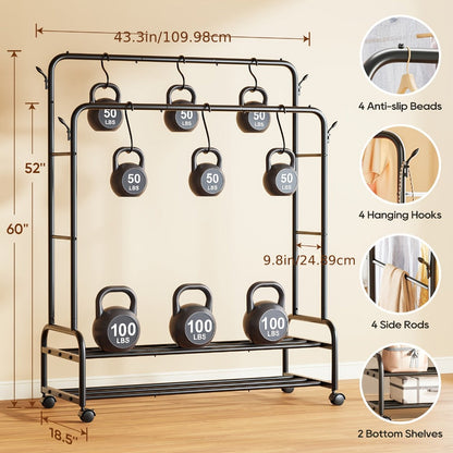 Double Rod Clothes Rack with Wheels Metal Garment Rack with Shelves and Hooks Portable Closet Organizer for Bedroom Living Room Gold