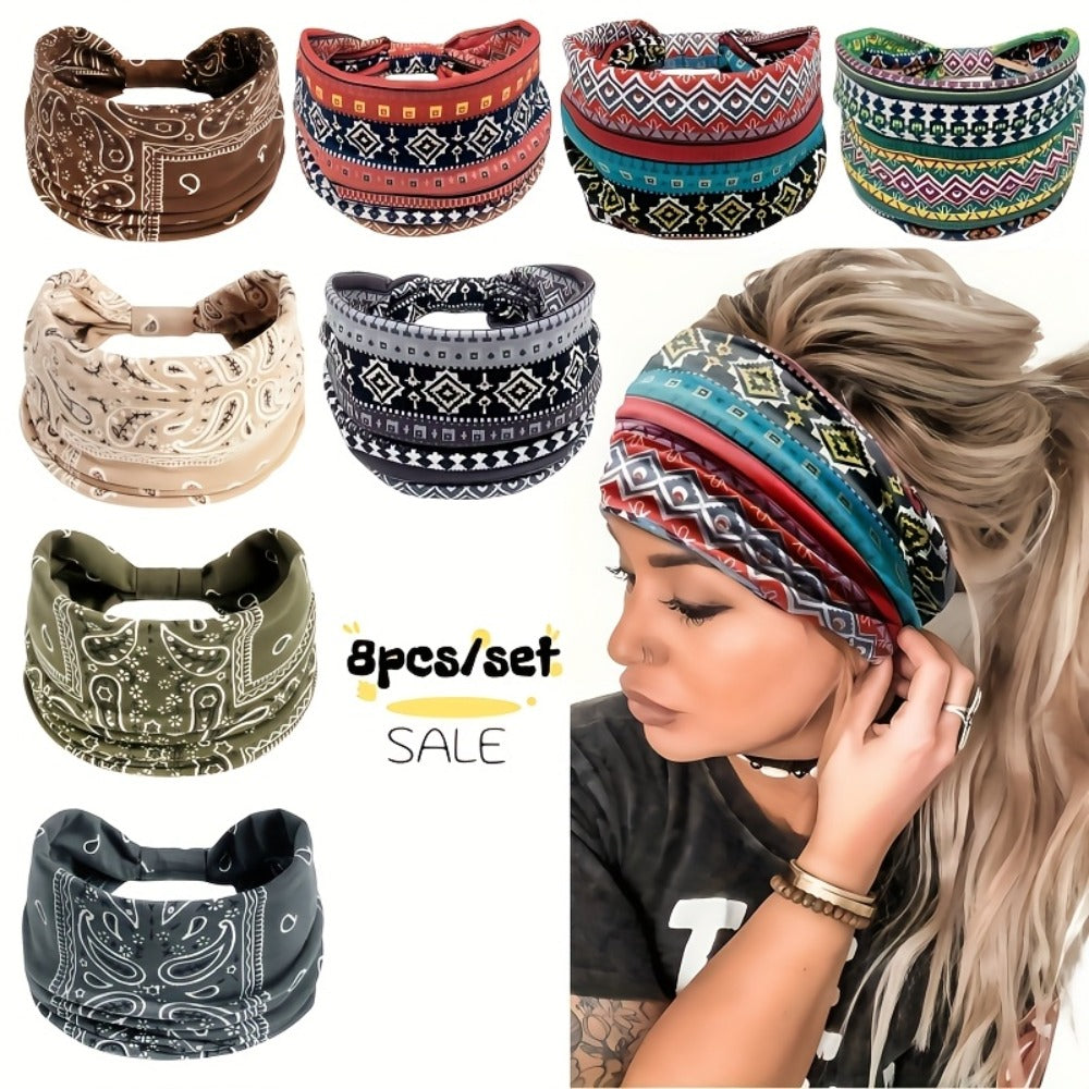 Floral Turban Headbands for Women 8 Pack Non-Slip Elastic Boho Knotted Wide Hair Wrap for Sports Yoga Running Workout Sweatband Moisture