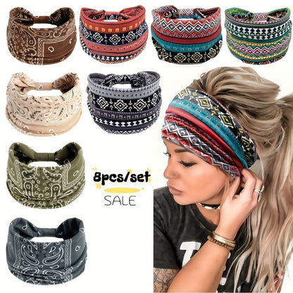Floral Turban Headbands for Women 8 Pack Non-Slip Elastic Boho Knotted Wide Hair Wrap for Sports Yoga Running Workout Sweatband Moisture