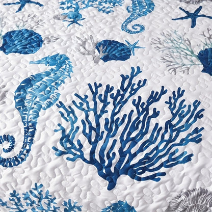 Duvet Cover Set 3 Piece Ocean Style Seahorse Coral Pattern Soft Breathable Microfiber Bedding Set with 2 Pillowcases Machine Washable
