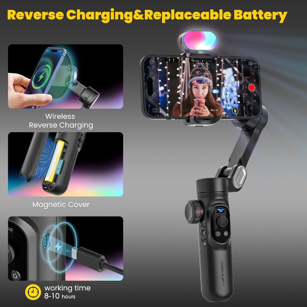 AOCHUAN Smart X Pro Combo 3-Axis Smartphone Gimbal Stabilizer, RGB Fill Light, Extension Rod