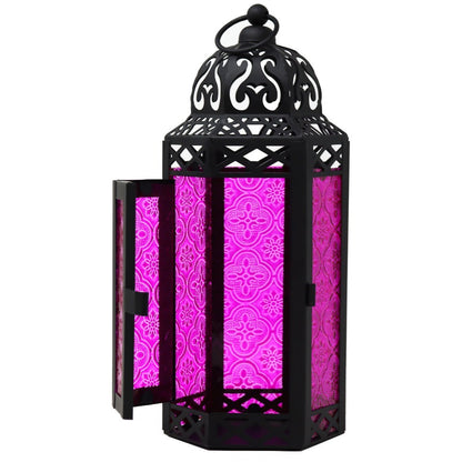 Moroccan Candle Lantern Holder - Decorative Metal & Glass Lantern with Embossed Floral Design for Indoor Home Decor