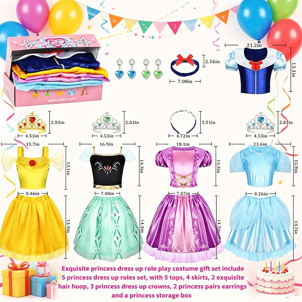 Girls Princess Dress Up Costume Set 14pcs, 5 Role Play Outfits with Crowns, Earrings & Storage Box