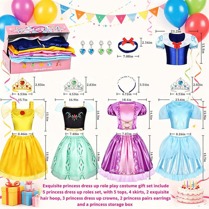 Girls Princess Dress Up Costume Set 14pcs, 5 Role Play Outfits with Crowns, Earrings & Storage Box