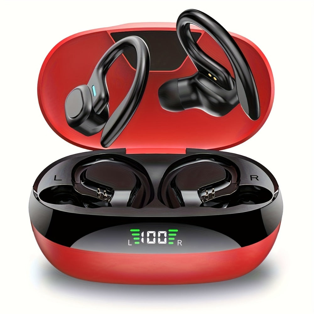 Wireless Earbuds Bluetooth 5.4 Open-Ear Sport Hooks with LED Charging Case in Black or Pale Red