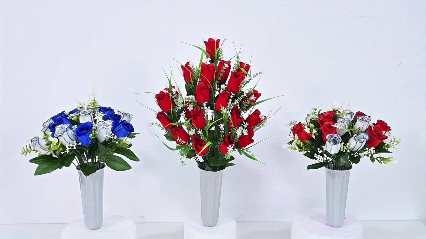 Artificial Cemetery Flowers for Grave with Saddle, Silk Rose Bouquet Headstone Decoration, Memorial Day Grave Flowers
