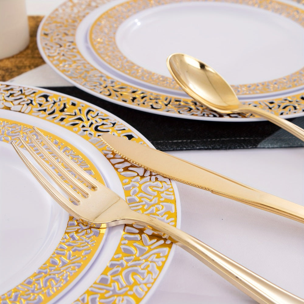 Gold Disposable Dinnerware Set for 50 Guests 350pcs, Includes Dinner Plates, Dessert Plates, 9oz Cups with Gold Rim