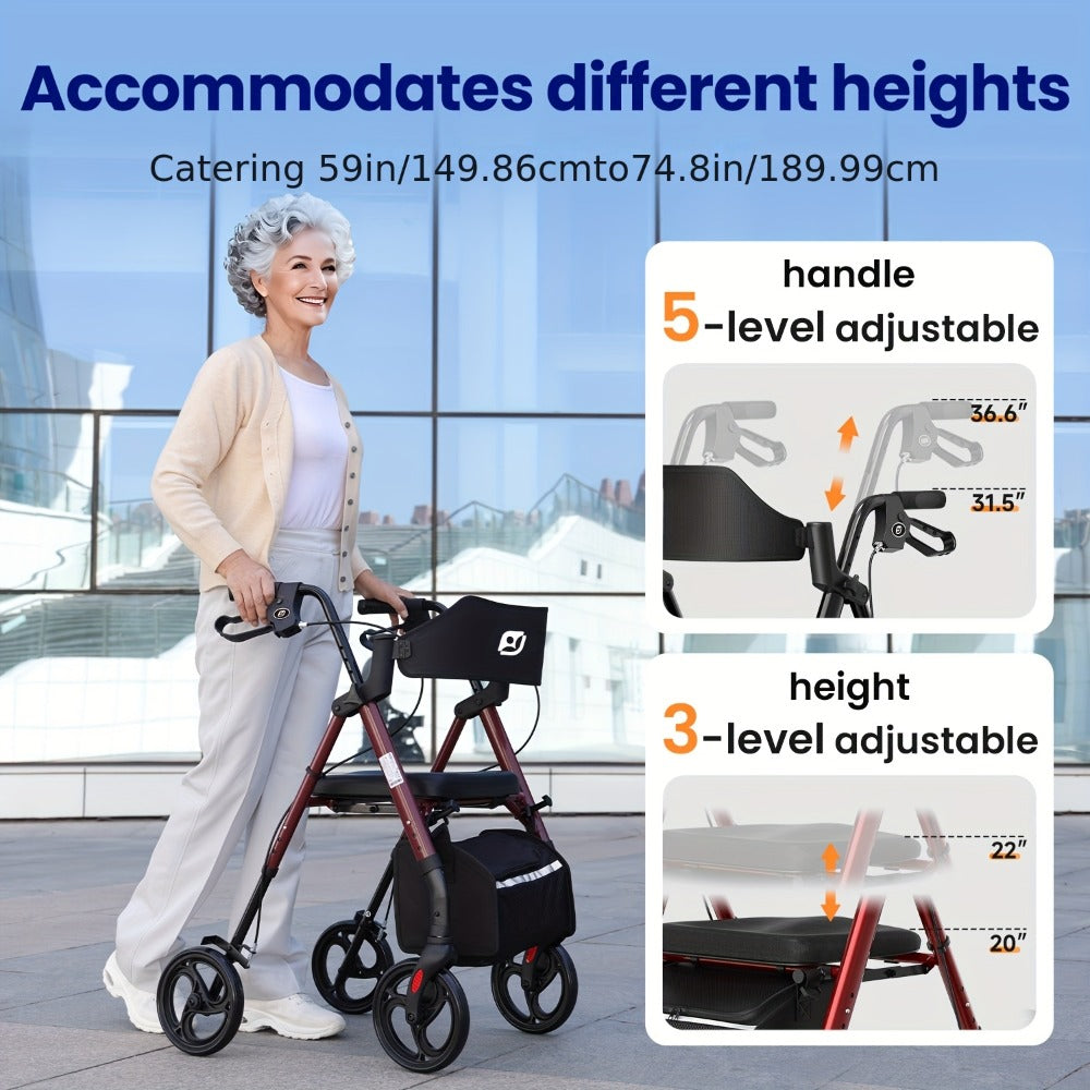 Rollator Walker for Seniors Foldable with 8-Inch Big Wheels, Durable Aluminum Rolling Walker with Backrest & Dual Adjustable Height