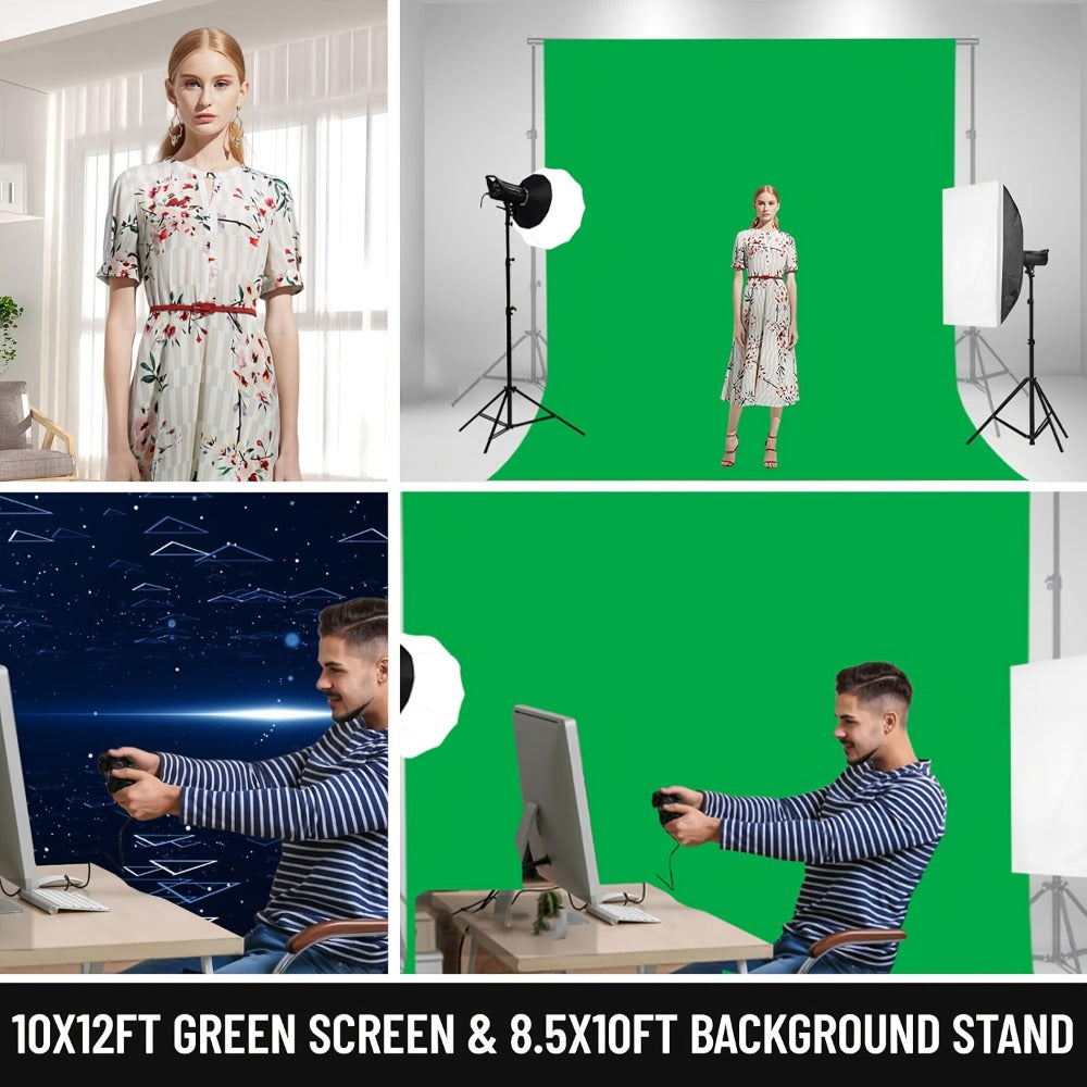 Green Screen Backdrop with Stand Kit 10x10Ft Chroma Key Background 7.5x10Ft Portable Stand with Carrying Bag 4 Clamps for Photoshoot