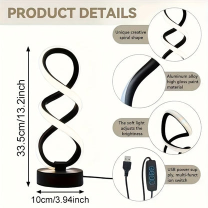Spiral LED Table Lamp with Dimmable Push-Button Control, Modern Metal Base and Six Black or White Configuration Options