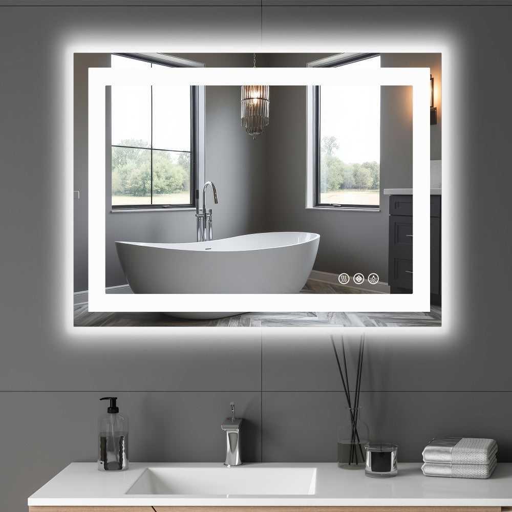 LED Bathroom Mirror with Anti-Fog, Dimmable Vanity Mirror, 3 Color Lighting Modes, Dual Light, Wall Mounted Horizontal or Vertical