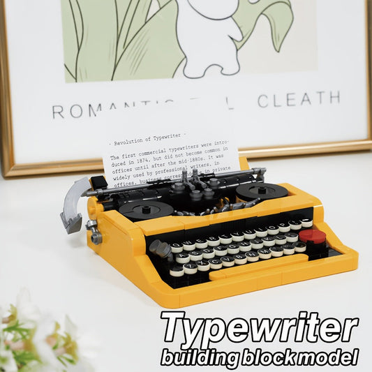 Vintage Typewriter Building Block Model Kit with Yellow Base, Paper Holder and Pictured 15 x 12.5 x 4 cm Size