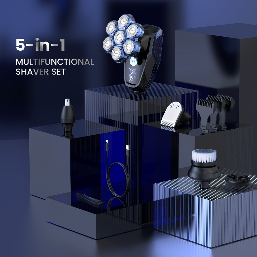 Electric Head Shaver for Bald Men 7D 7 Floating Heads – All-in-One Grooming Kit with Nose Hair Trimmer & Facial Cleaning Brush