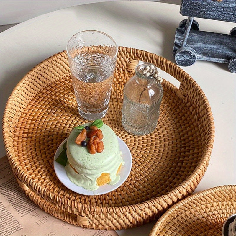 Serving Tray Basket – Hand-Woven Round Rattan Organizer for Fruits Bread Snacks, for Home Cooking, Dining and Outdoor Meals
