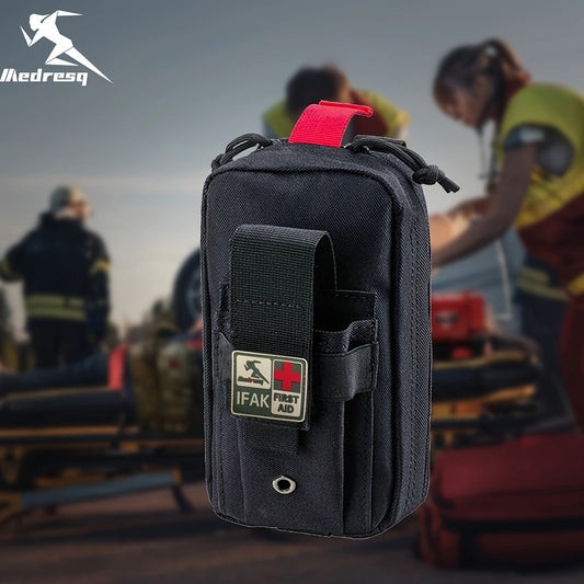 Black EDC IFAK First Aid Kit with Tall Zipper Pouch, Attachment Loops, Shears and Labeled Supply Packets