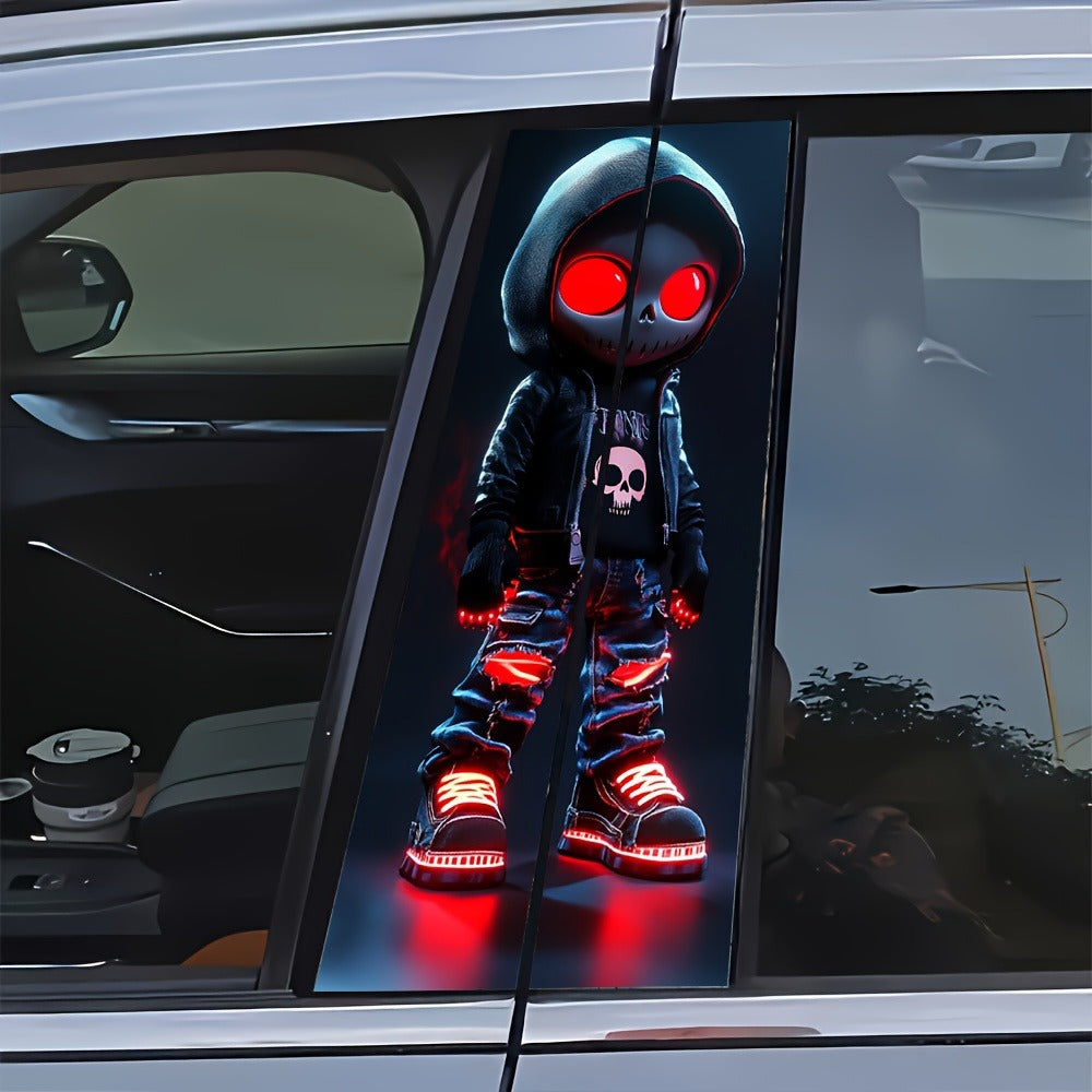 Pair of Red-Eyed Skull Character Car Decals, 19.7 x 9.8 Inch Each, for Smooth Exterior or Window Surfaces