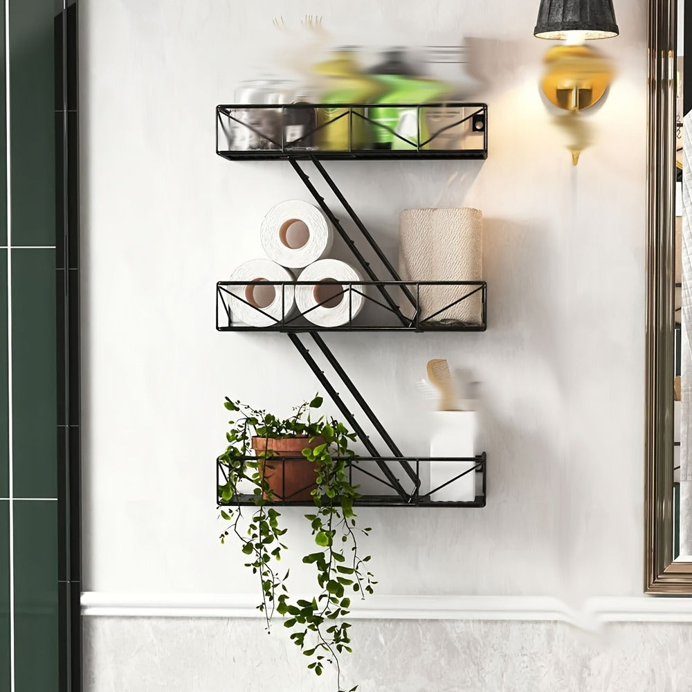 Staircase Wall Shelf with Three- or Four-Level Structures across Four Wrought-Iron Checkout Options