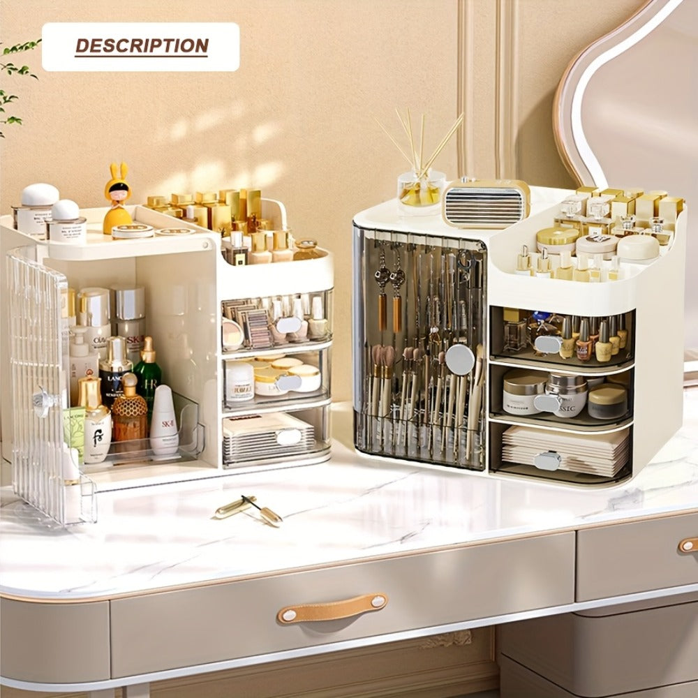 Makeup Organizer with 3 Drawers and Mirror – Large Capacity Cosmetic Storage Box Vanity Organizer for Skincare Contact Lens Display Case