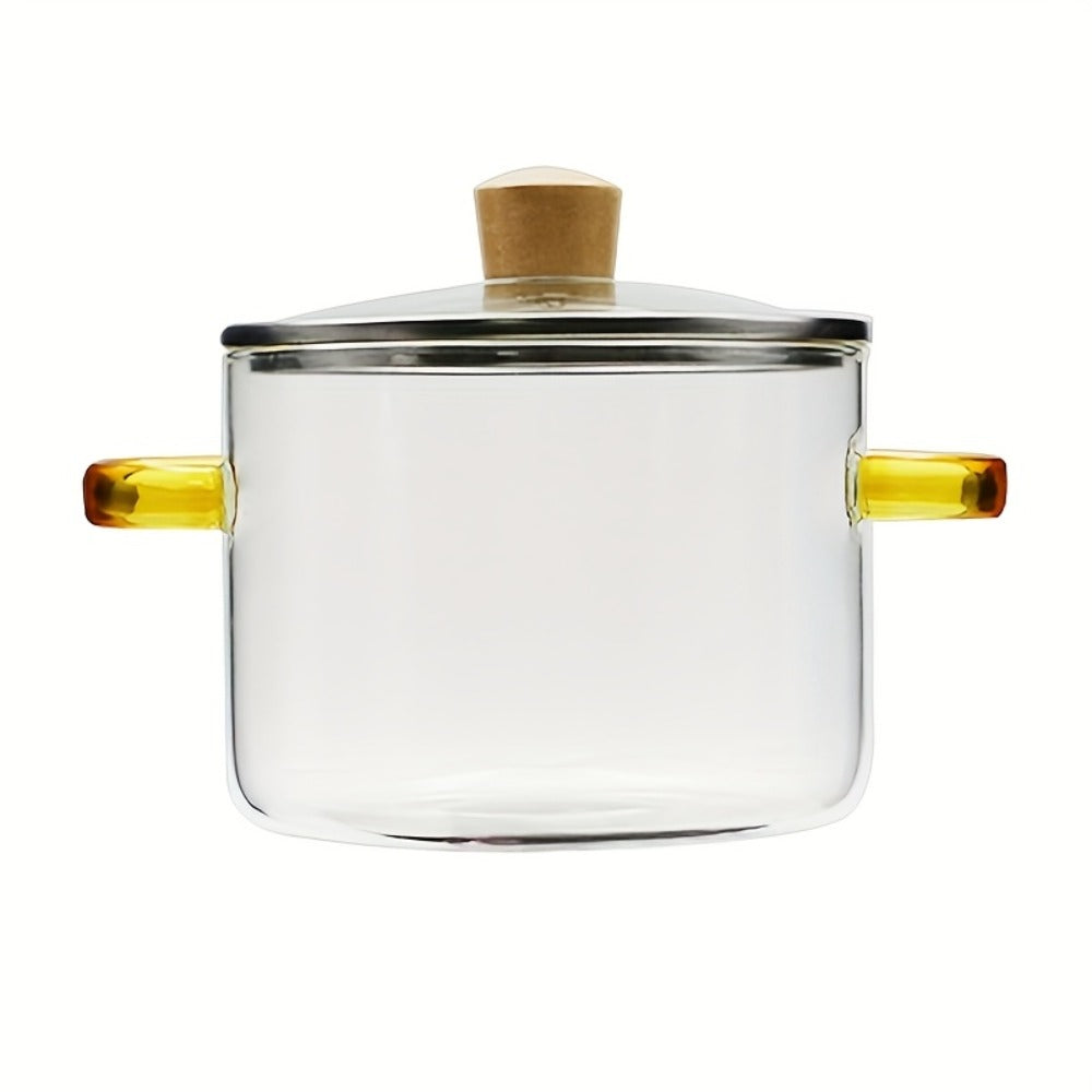 1.6L Transparent Glass Cooking Pot with Lid and Green or Yellow Side Handles for Soup, Noodles and Milk