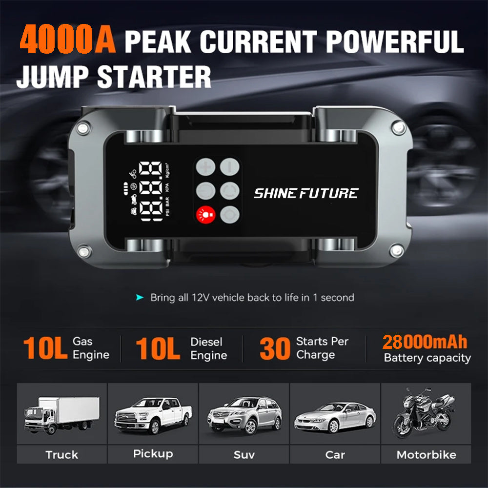 Portable Jump Starter Kit 4000A Peak 6-in-1 Battery Booster with Tire Inflator Power Bank Lithium for Garden, Patio and Yard Use