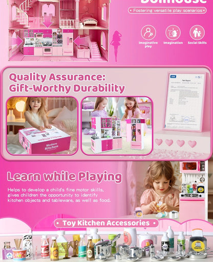 Pink Kitchen Toy Set 64pcs with Lights & Sounds, Mini Furniture Doll Playset for Girls, Pretend Play Kitchen Accessories