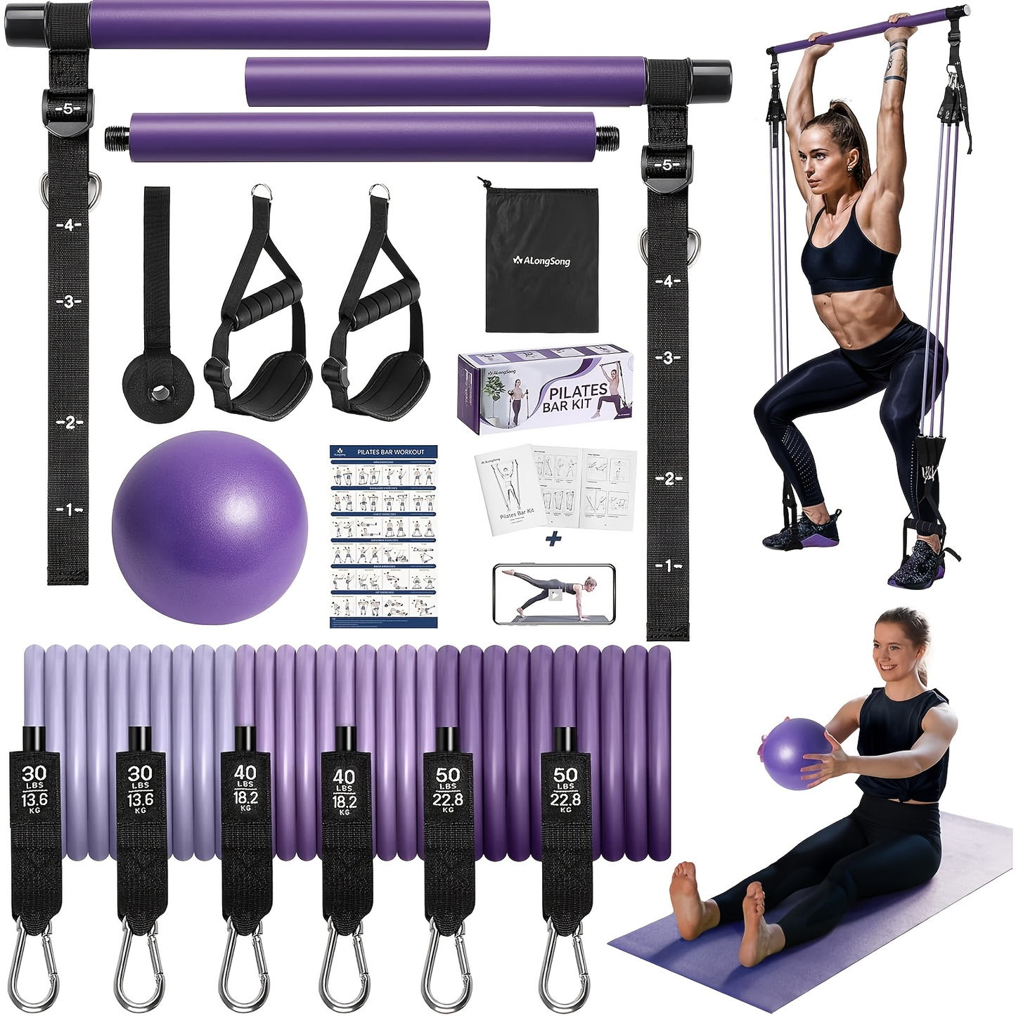 Natural Latex Pilates Bar Kit with Resistance Bands 20-360 lbs – Stainless Steel Handle, Adjustable Length for 5'3"-6'2"