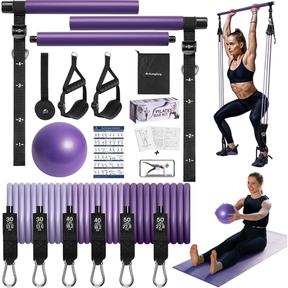 Natural Latex Pilates Bar Kit with Resistance Bands 20-360 lbs – Stainless Steel Handle, Adjustable Length for 5'3"-6'2"
