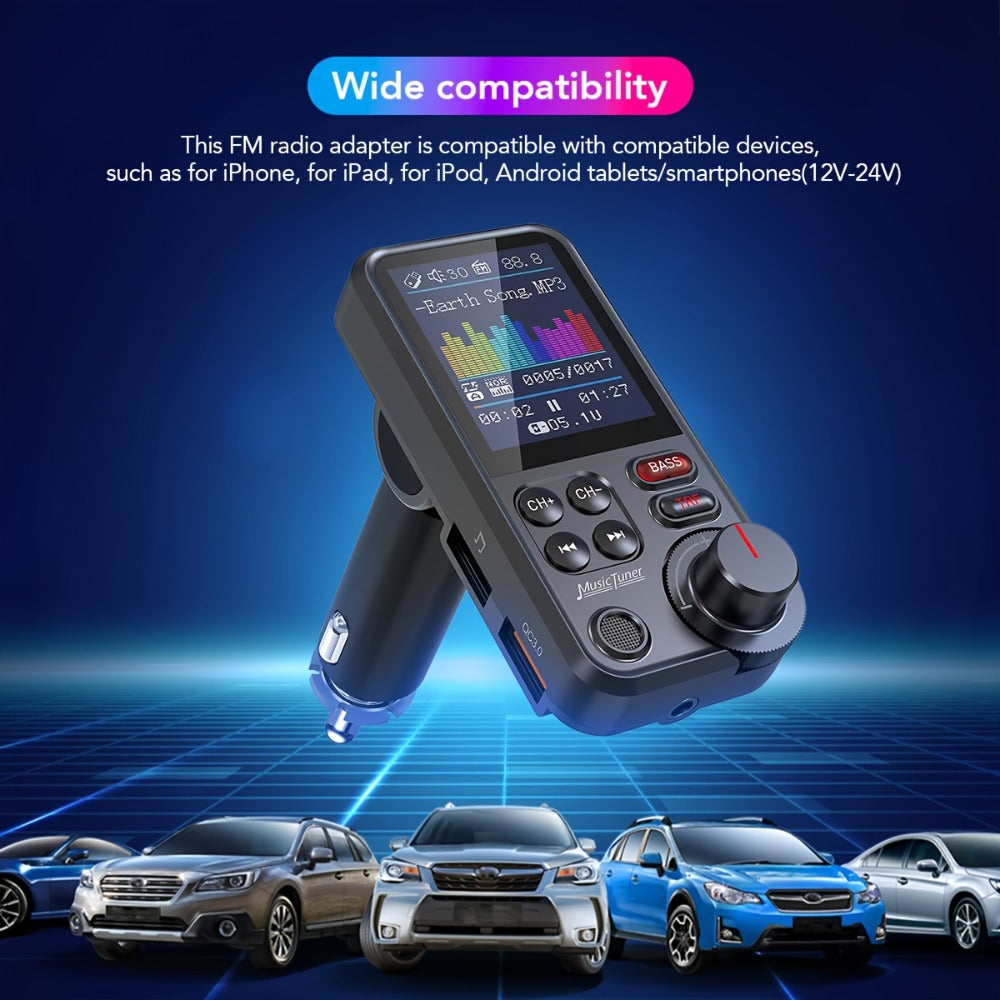Car FM Transmitter with 1.8-Inch Color Screen, Rotary Control, AUX Port and Four Audio Sources