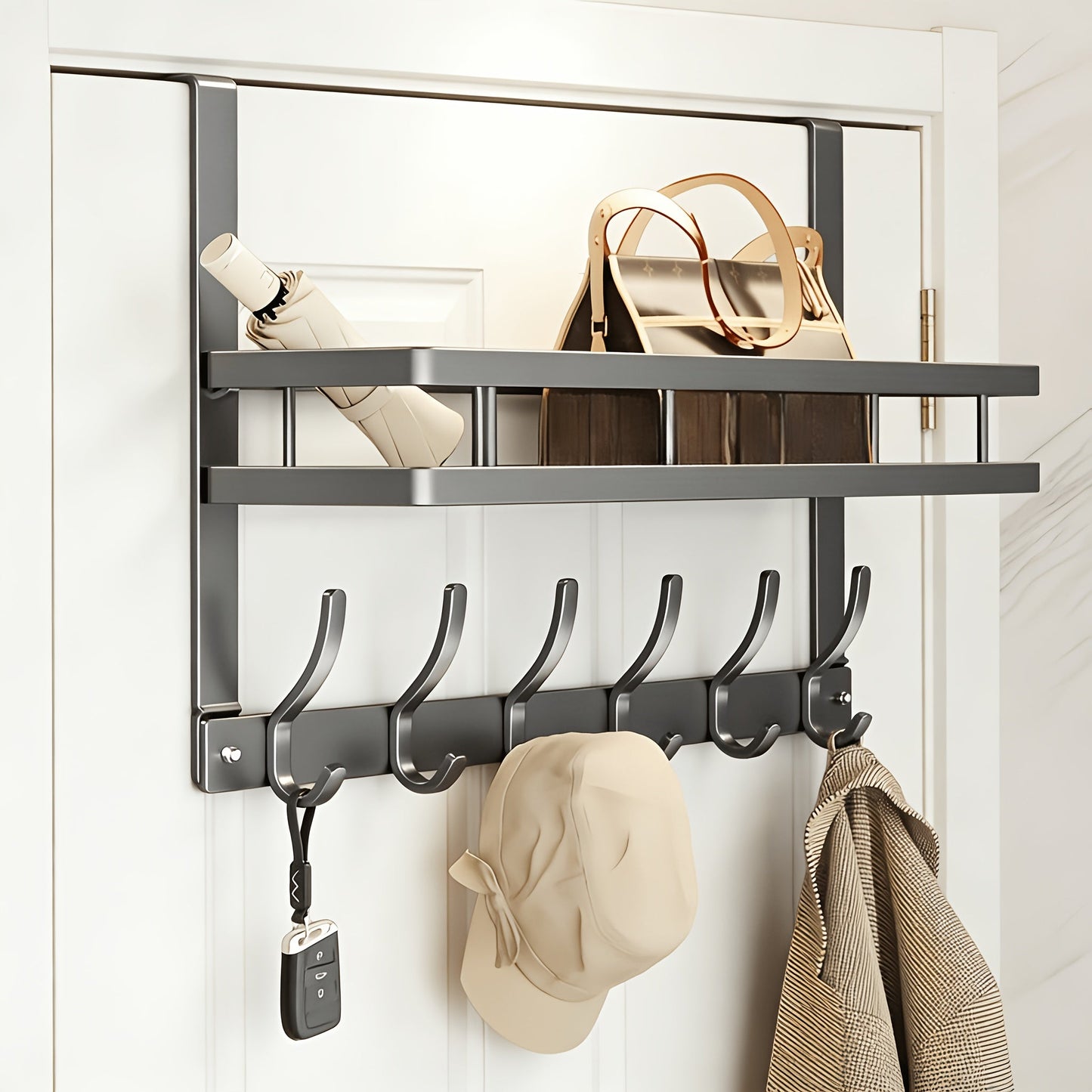 Over-Door Hook Rack with No-Drill Metal Design, Four to Six Hooks and Grey or Black Options for Home Organization