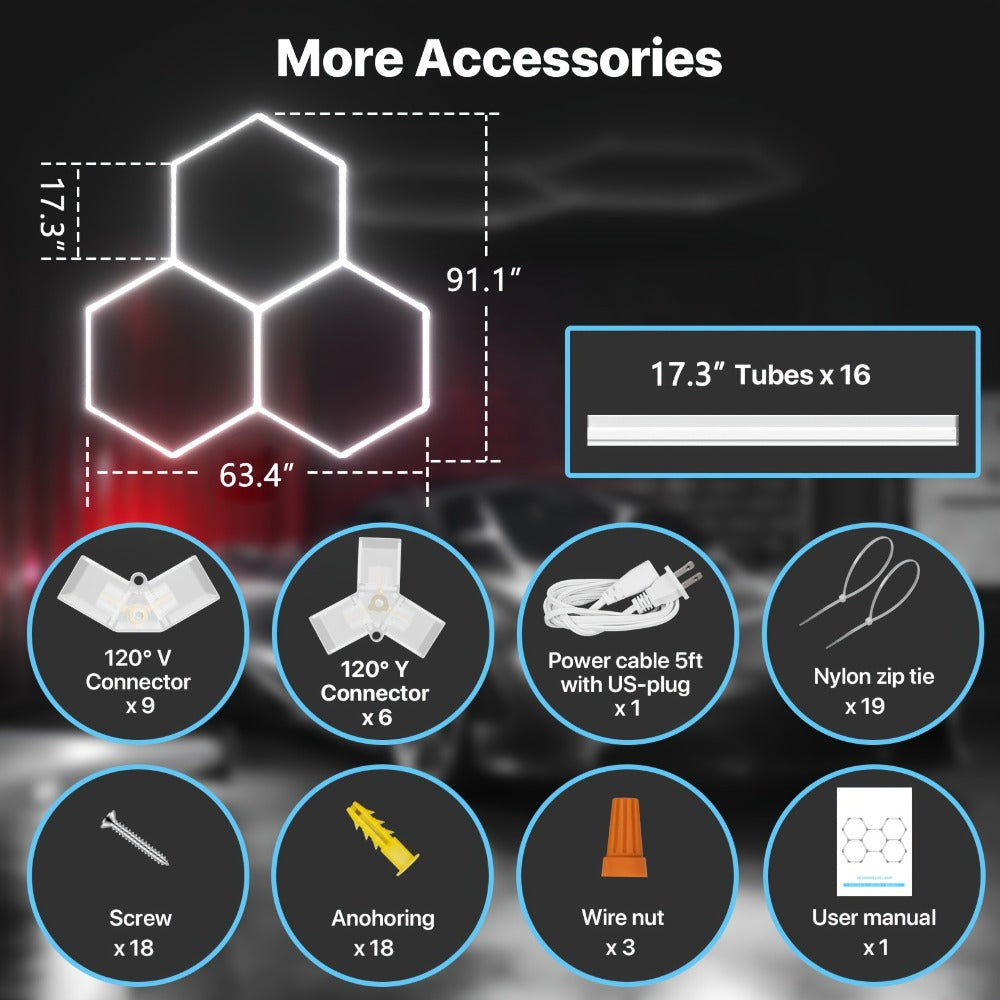 LED Hexagonal Garage Light 6500K, Super Bright Daylight White Shop Light 42W, 620W for Auto Detailing