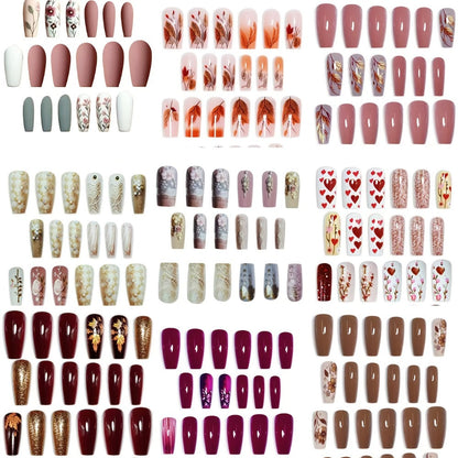 Press On Nails 216-Piece Middle Ballet Nine-Pack Mixed Flower Maple Glossy Set with Jelly Adhesive and File