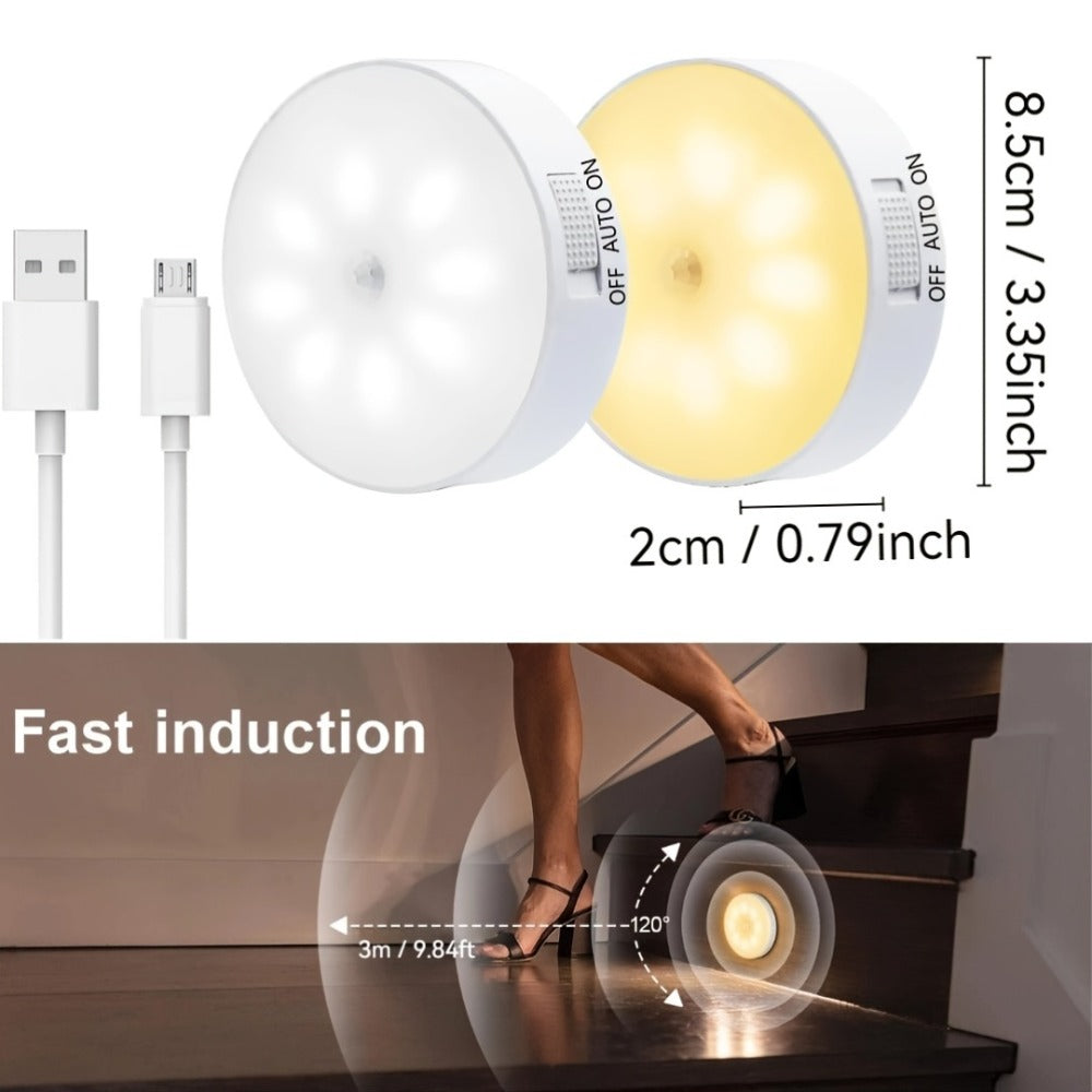 Night Light Motion Sensor 8-LED Puck Set with USB Rechargeable Power, Warm or White Light in 6- and 12-Piece Packs