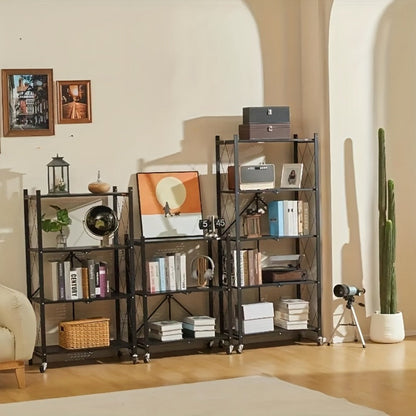 Rolling Foldable Metal Storage Shelf with Three-, Four- or Five-Tier Options in Black or White