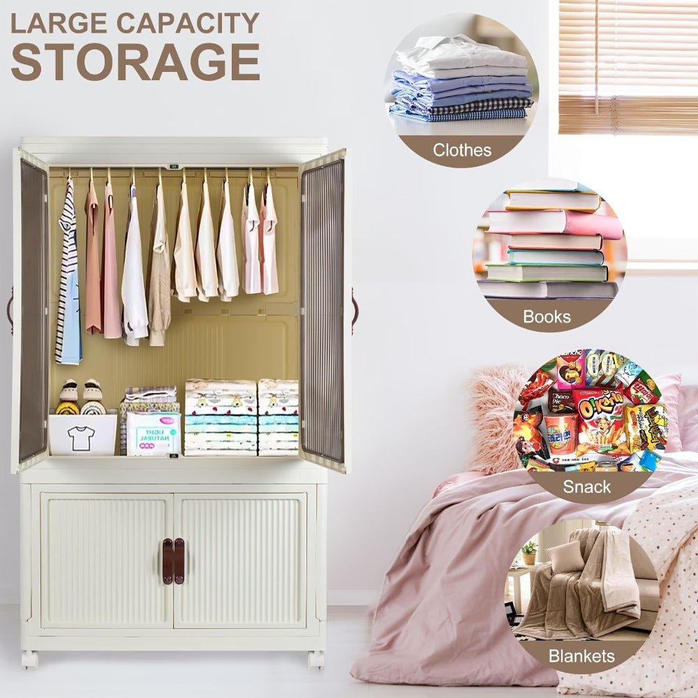 Portable Closet Wardrobe with Wheels & Hanging Rod, Foldable Clothes Cabinet with Doors, 10 Hangers