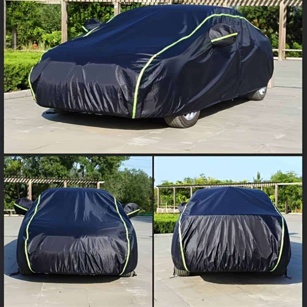 Black Full Car Cover with Green Reflective Trim in Six Sedan or SUV Sizes from 490 x 180 x 150 to 540 x 200 x 185 cm