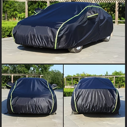 Black Full Car Cover with Green Reflective Trim in Six Sedan or SUV Sizes from 490 x 180 x 150 to 540 x 200 x 185 cm