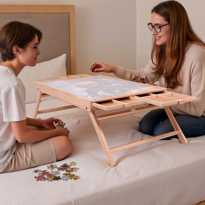 Foldable Puzzle Board Table with Legs – 29.9"x22" Elevated Wooden Jigsaw Desk, 4 Sorting Drawers, Back-Saving Ergonomic Design