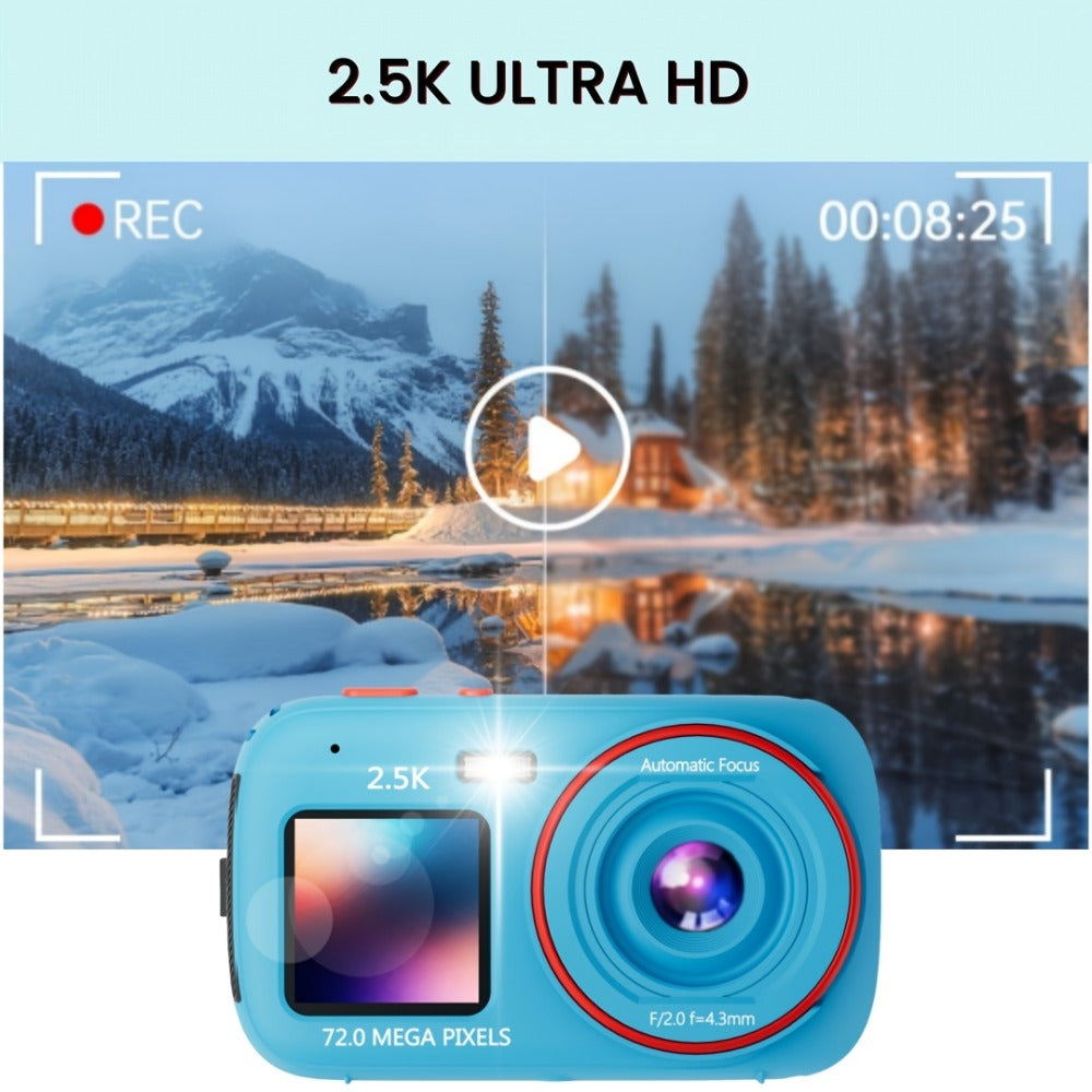 Digital Camera 2.5K Dual-Screen Compact with 72MP Capture Marking, Autofocus, Included 32GB Card and Four Colors